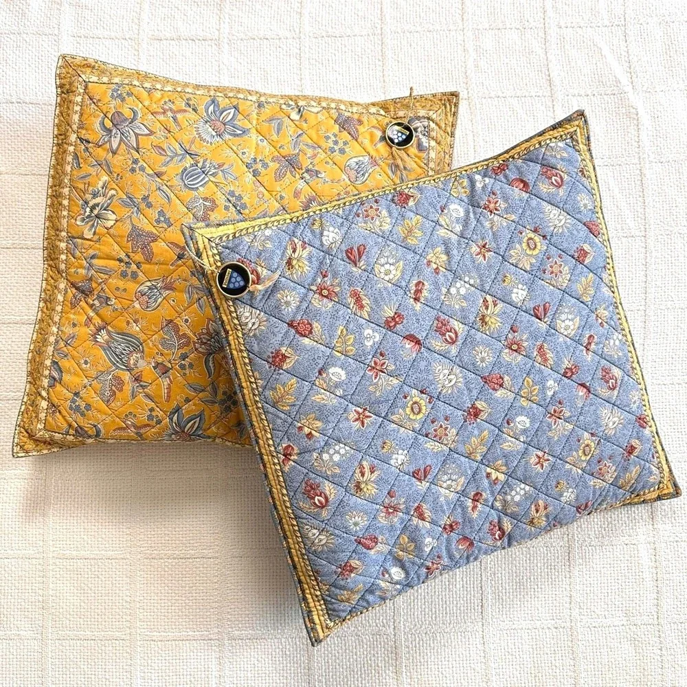 VTG Valdrome France Quilted Floral Throw Pillows Set Yellow‎ Blue Cottagecore